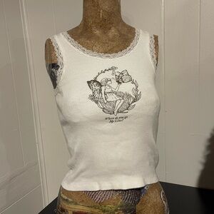 Brandy Melville White Graphic Lace Tank Top